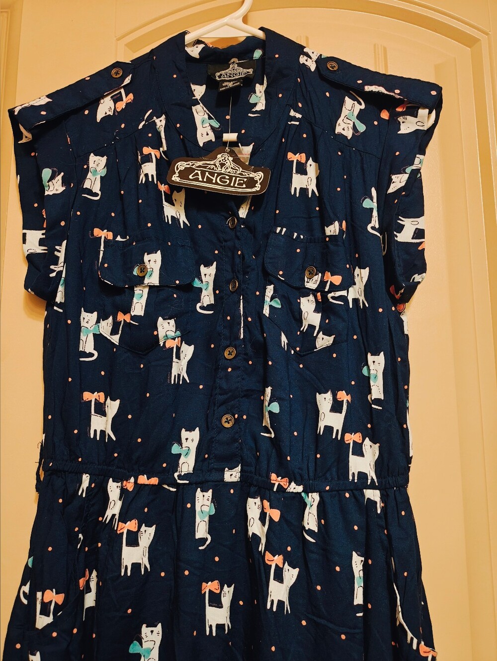 NWT ANGIE Navy cat print mini dress button front elastic Waist Sz M - Picture 2 of 9